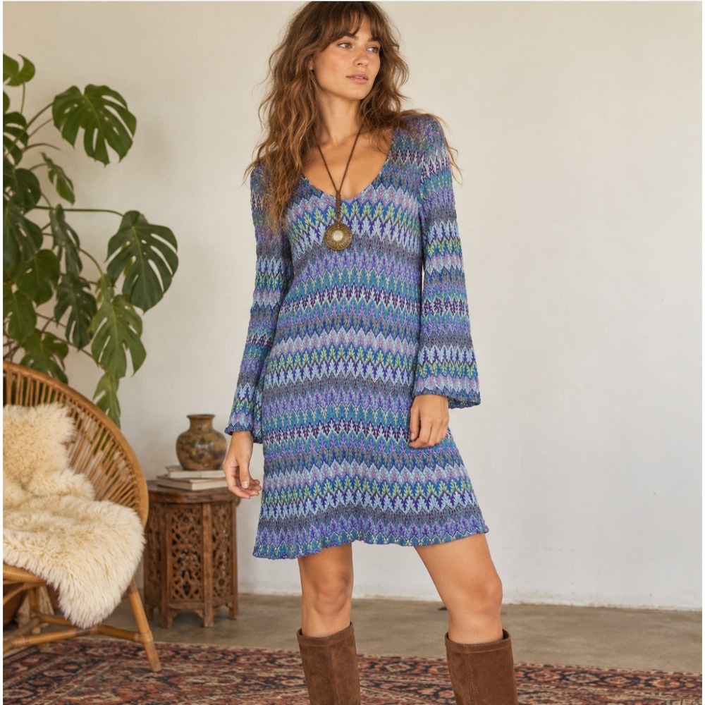 Express Vintage 90s Blue Chevron Knit Mini Dress V-Neck Large Hippy Boho Funky
